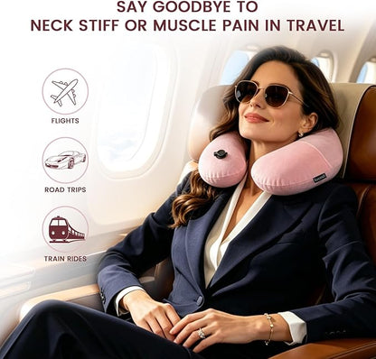Keemall Inflatable Travel Pillow, Premium Soft Pink Velvet Inflatable Neck Pillow, Washable Lightweight Portable Travel Essentials for Flight Road Trip Camping Office, Travel Gift for Women Girls
