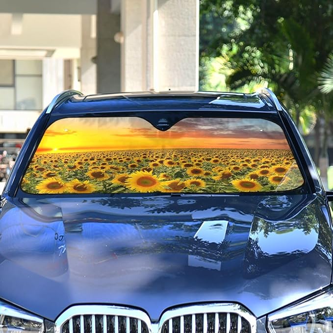 Sunflower Blooming Sunset Car Windshield Sun Shade Foldable UV Ray Sun Visor Protector Sunshade to Keep Your Vehicle Cool (55" x 27.6")