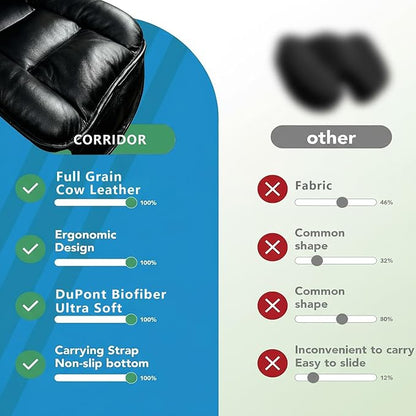 CORRIDOR Genuine Leather Seat Cushion for Car - Handmade - Relieve Hip, Pressure and Sciatica Pain - Ideal for Lower Back Pain - for Office Chair and Car Seat (Premium Black, Cushion)