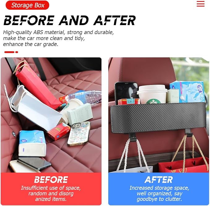 BELOMI Car Headrest Backseat Organizer with Cup Holder, Seat Back Hanging Storage Box with Hooks, Multi-Functional Drink Pocket Food Snack Phone Tray for Kids, Car Travel Accessories (Black)