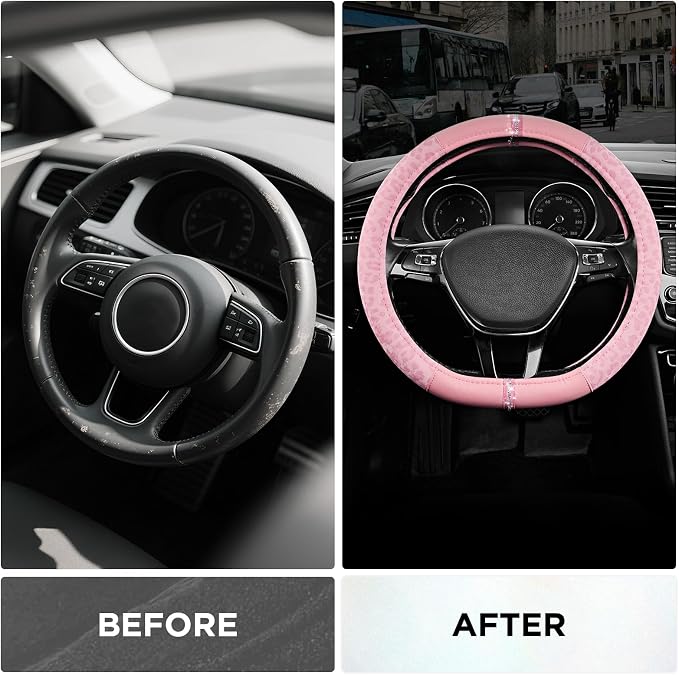 Road Comforts Leopard Steering Wheel Cover for Women, Cute Anti-Slip Microfiber Leather, Fits D Shape Flat Bottom Steering Wheel 14.5-15 Inch - Pink and Pink Leapoard