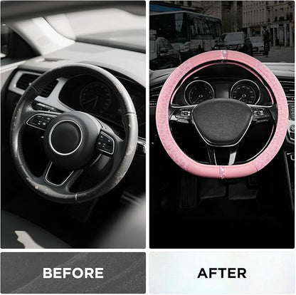 Road Comforts Leopard Steering Wheel Cover for Women, Cute Anti-Slip Microfiber Leather, Fits D Shape Flat Bottom Steering Wheel 14.5-15 Inch - Pink and Pink Leapoard