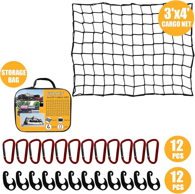 GSPSCN Cargo Net 3' x 4' for Truck Pickup Bed, Trailer,Boat,RV SUV Stretched to 9'x12' Max Roof Rack Net, 4”x4” Mesh Heavy Duty Bungee Cord Net for Tacoma,Frontier,Colorado & Subaru Crosstrek