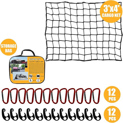 GSPSCN Cargo Net 3' x 4' for Truck Pickup Bed, Trailer,Boat,RV SUV Stretched to 9'x12' Max Roof Rack Net, 4”x4” Mesh Heavy Duty Bungee Cord Net for Tacoma,Frontier,Colorado & Subaru Crosstrek