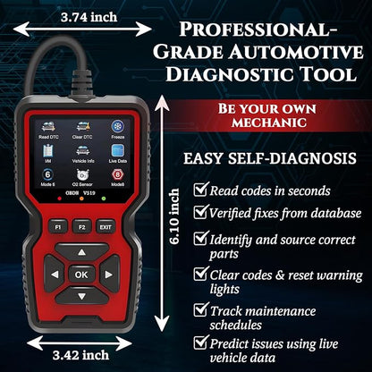 Professional OBD2 V519 Scanner - 2026 Upgraded OBDII + CAN Code Reader, Live Data, Battery Test, 40000+ DTC Library, I/M Readiness, Check Engine Light & Smog Test - All Vehicles After 1996
