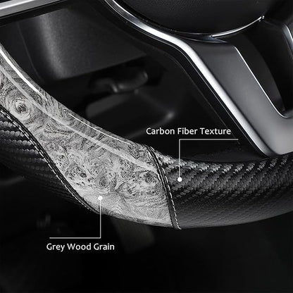 Wood Grain Steering Wheel Cover Carbon Car Steering Wheel Covers 14 1/2-15 inch with Coasters Microfiber Leather Splicing Breathable Anti-Slip Durable Universal Steering Wheel Protective - Gray