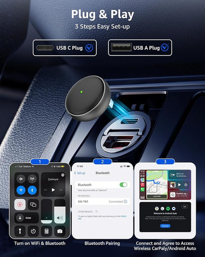 2-in-1 Wireless CarPlay & Android Auto Adapter, 50% Smaller, Converts Wired to Wireless, Zero Latency, Auto-Connection, Plug & Play Adapter for Apple iPhone iOS 10+ & Android 11+
