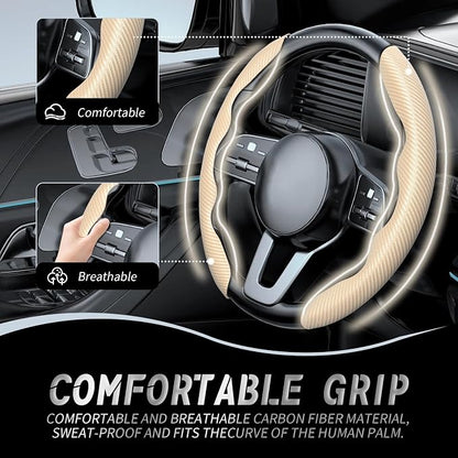 WOCOCN 2pcs Car Steering Wheel Cover,Anti-Skid Carbon Fiber Steering Wheel Protector for Men Women,Multiple Color Options,Universal for Most Car Interiors Accessories (Beige)