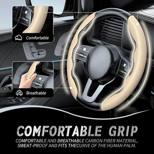 WOCOCN 2pcs Car Steering Wheel Cover,Anti-Skid Carbon Fiber Steering Wheel Protector for Men Women,Multiple Color Options,Universal for Most Car Interiors Accessories (Beige)