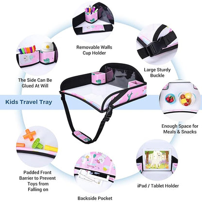 COOLBEBE Kids Travel Tray for Toddler Car Seat, Travel Tray for Airplane, Toddler Car Seat Lap Tray, Carseat Table Tray for Kids Travel Activities (Pink Alpaca)