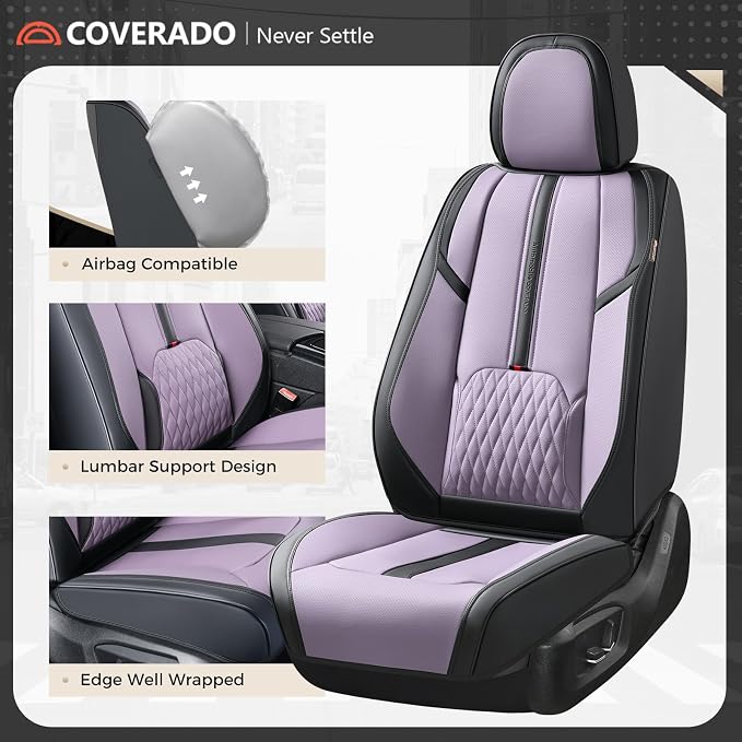 Coverado Seat Covers for Front and Back Seat, 5 Seat Car Seat Covers Waterproof, Leather Seat Covers for Cars with Lumbar Support, Car Seat Protectors Universal Fit for Most Vehicles (Black&Purple)