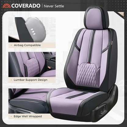 Coverado Seat Covers for Front and Back Seat, 5 Seat Car Seat Covers Waterproof, Leather Seat Covers for Cars with Lumbar Support, Car Seat Protectors Universal Fit for Most Vehicles (Black&Purple)