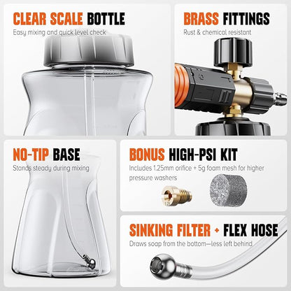 Foam Cannon for Pressure Washer, 1L Car Wash Foam Cannon with 1/4" Quick Connect, Adjustable Snow Foam Lance with Extra Orifice Nozzle & Foam Makers for Cars