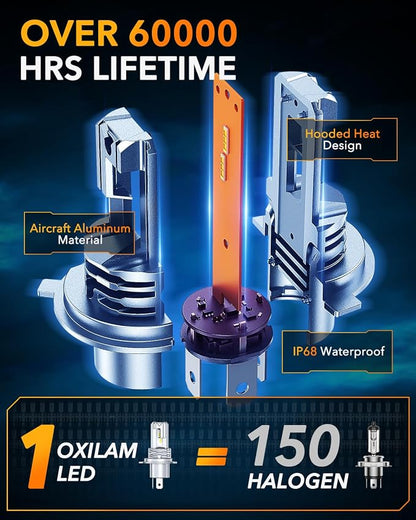 OXILAM H4/9003/HB2 Bulb for Motorcycle Hi/Low Beam, 800% Brighter, 9003 Bulb 6000K Cool White, 1:1 Halogen Size, Plug and Play, Pack of 1