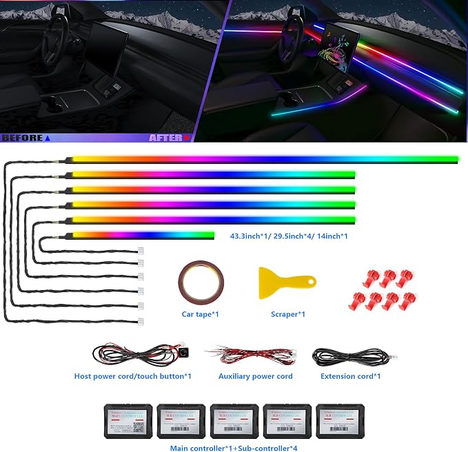Acrylic Interior Car LED Strip Light with Wireless APP, RGB Dreamcolor 6 in 1 with 175 inches 600 LEDs Fiber Optic Strip Lights for Car, Dynamic Chasing Sound Active Neon Car Ambient Lighting Kits