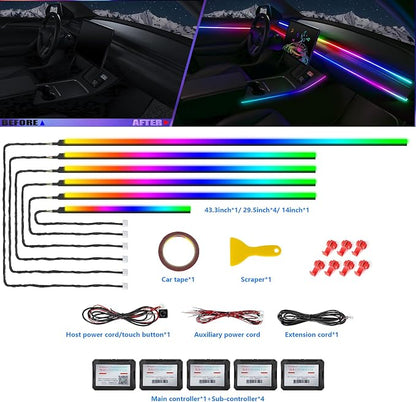 Acrylic Interior Car LED Strip Light with Wireless APP, RGB Dreamcolor 6 in 1 with 175 inches 600 LEDs Fiber Optic Strip Lights for Car, Dynamic Chasing Sound Active Neon Car Ambient Lighting Kits