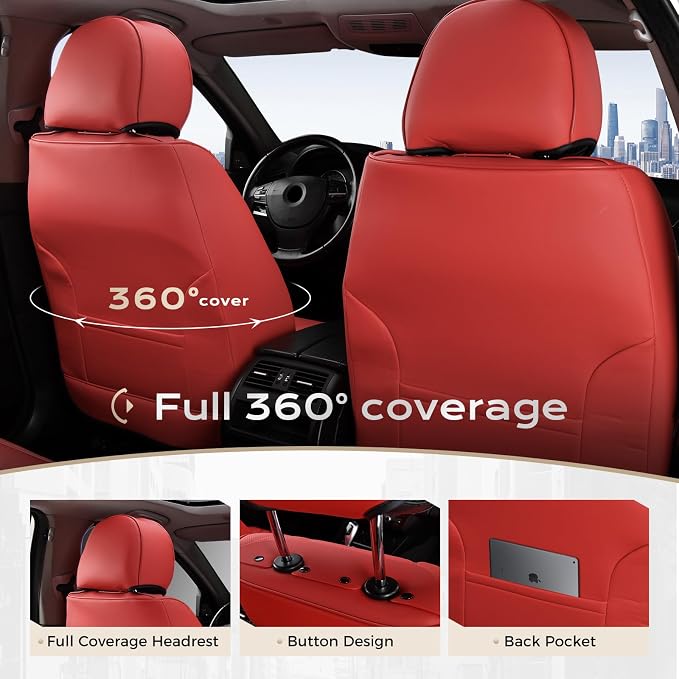 Coverado Front and Back Seat Covers, Red Seat Cover for Cars, Luxury Leather Seat Cover with Lumbar Support, Waterproof Car Seat Cushions Car Seat Protectors Universal Fit for Most Cars SUV Trucks