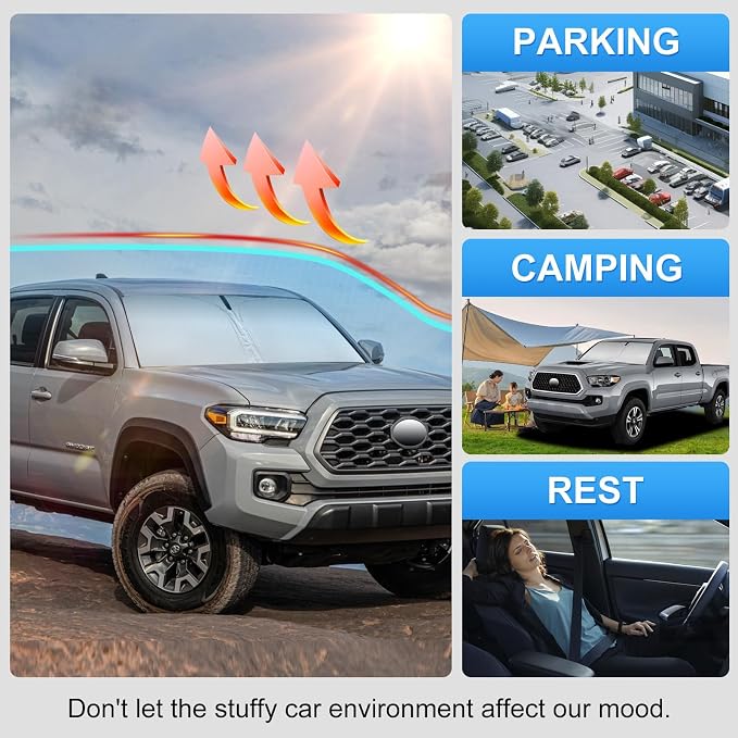 Windshield Sun Shade for 2016-2025 2026 Toyota Tacoma, Keeps Interior Cooler in Extreme Heat, Custom Fit Foldable Sunshade with Reinforced Frame UV Protection