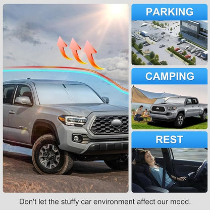 Windshield Sun Shade for 2016-2025 2026 Toyota Tacoma, Keeps Interior Cooler in Extreme Heat, Custom Fit Foldable Sunshade with Reinforced Frame UV Protection