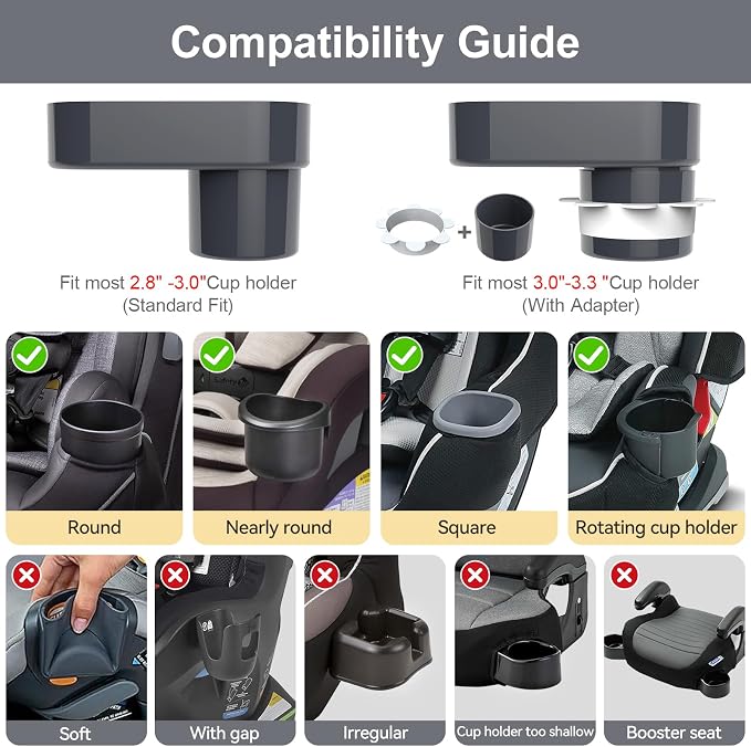 Car Seat Snack Tray for Toddlers - 3 Inch Cup Holder Fits Most Sippy Cups & Straw Bottles with Dip Well, Mess-Free Square Kids Travel Tray Road Trip Essentials, Dark Grey