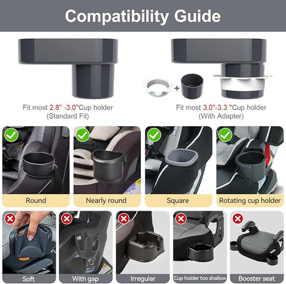 Car Seat Snack Tray for Toddlers - 3 Inch Cup Holder Fits Most Sippy Cups & Straw Bottles with Dip Well, Mess-Free Square Kids Travel Tray Road Trip Essentials, Dark Grey