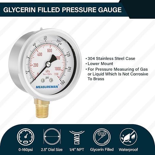 MEASUREMAN 2-1/2inch Dial Size, Oil Filled Pressure Gauge, 0-160psi/kpa, 304 Stainless Steel Case, 1/4inchNPT Lower Mount
