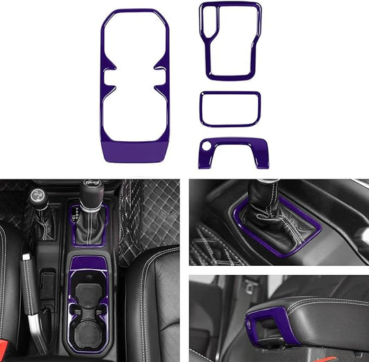 Voodonal for JL 4WD Shift Knob Gear Shift Bezel Front Cup Holder Center Armrest Switch Lock Hole Cover Trim Kits Fit for 2018-2024+Jeep Wrangler JL JLU Gladiator JT Interior Accessories 4pcs Purple