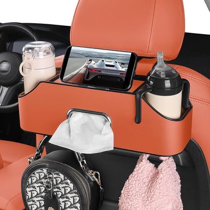 Car Rear Backseat Extra Multifunctional Drink Cup Holder Organizers with Tissue Storage Box Organizer & Hooks for Car Seat Back. Orange