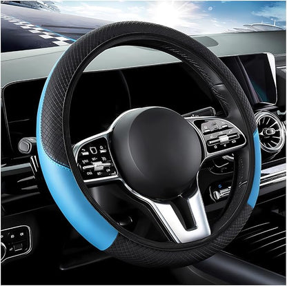 DXNQ Car Steering Wheel Cover, 15 Inch Carbon Fiber Leather Stitching Color Steering Wheel Protector, Anti-Slip Elastic Breathable Steering Wheel Cover Stylish Decor for Most Cars (Black&Blue, AD)
