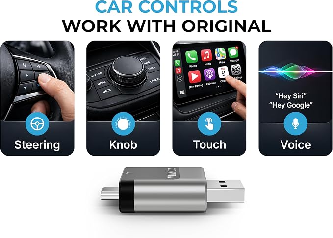 ZORVIA Wireless CarPlay Adapter for iPhone & Android Auto 2026 Upgraded - Convert Wired CarPlay to Wireless, Fast Auto Reconnect, Plug and Play, USB-C & USB-A (Silver)