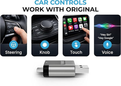 ZORVIA Wireless CarPlay Adapter for iPhone & Android Auto 2026 Upgraded - Convert Wired CarPlay to Wireless, Fast Auto Reconnect, Plug and Play, USB-C & USB-A (Silver)