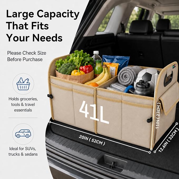 PAT SAM'S Trunk Organizer for SUV, Collapsible Car Trunk Organizer with Dividers, Waterproof 600D Oxford, Non-Slip Storage Organizer for Groceries, Tools, Travel, Truck & Car (Beige)
