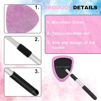 Windshield Cleaning Tool, Car Window Cleaner with Extendable Handle, 4 Microfiber Pads and Spray Bottle, Auto Interior Exterior Glass Wiper Cleaning Kit Universal for RV, SUV, Truck (Pink)