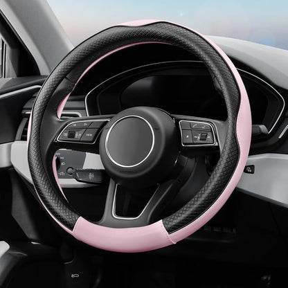 YHONGJT Soft Premium Leather Steering Wheel Cover, Breathable, Non-Slip Grip, Universal 15 Inch for Women Girls, Fit Vehicles, Sedans, SUVs, Vans, Trucks - Light Pink