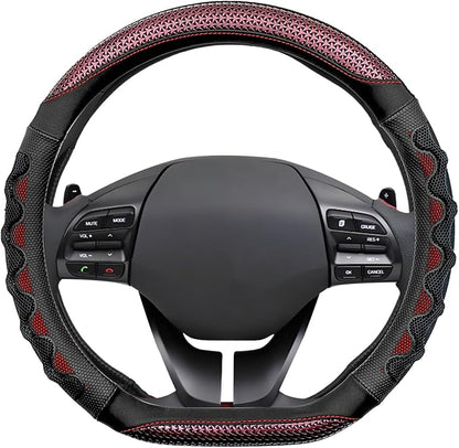 D Shaped 14.5-15 Inch Steering Wheel Cover, 3D Honeycomb Anti-Slip Design with Great Grip, Flat Bottom Comfy Car Steering Wheel Protector (Red)