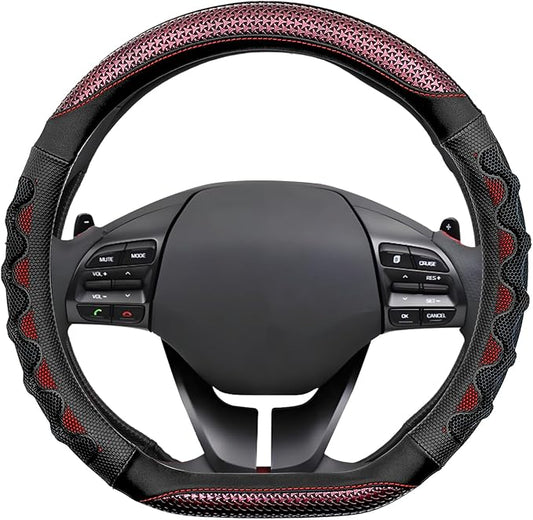 D Shaped 14.5-15 Inch Steering Wheel Cover, 3D Honeycomb Anti-Slip Design with Great Grip, Flat Bottom Comfy Car Steering Wheel Protector (Red)