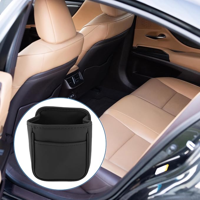 Car Trash Can Portable and Hanging 5.9" Length 3.9" Width 7.1" Height Trash Bin Faux Leather Black 1 Pcs