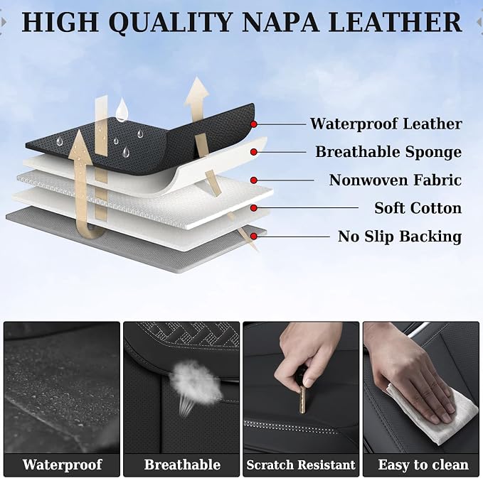 Coverado Car Seat Covers Full Set, Luxury Nappa Leather Seat Cover, Universal Seat Covers for Cars, Front and Back Waterproof Seat Cover Car Seat Protector Fit for Most Cars(Black)