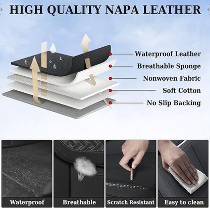 Coverado Car Seat Covers Full Set, Luxury Nappa Leather Seat Cover, Universal Seat Covers for Cars, Front and Back Waterproof Seat Cover Car Seat Protector Fit for Most Cars(Black)