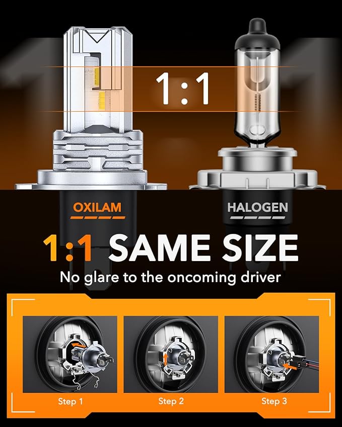 OXILAM H4/9003/HB2 Bulb for Motorcycle Hi/Low Beam, 800% Brighter, 9003 Bulb 6000K Cool White, 1:1 Halogen Size, Plug and Play, Pack of 1