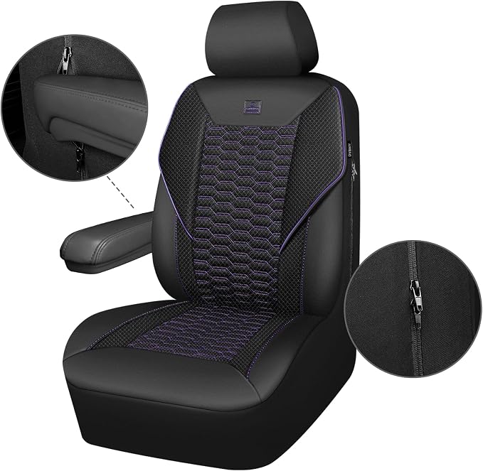 CAR PASS 3D Foam Mesh Leather Car Seat Covers Front Seats,Breathable Mesh Front Seat Covers for Women,Universal Fit for Cars SUV Truck Sedan Van Automotive,Armrest Airbag Compatible,Black and Purple