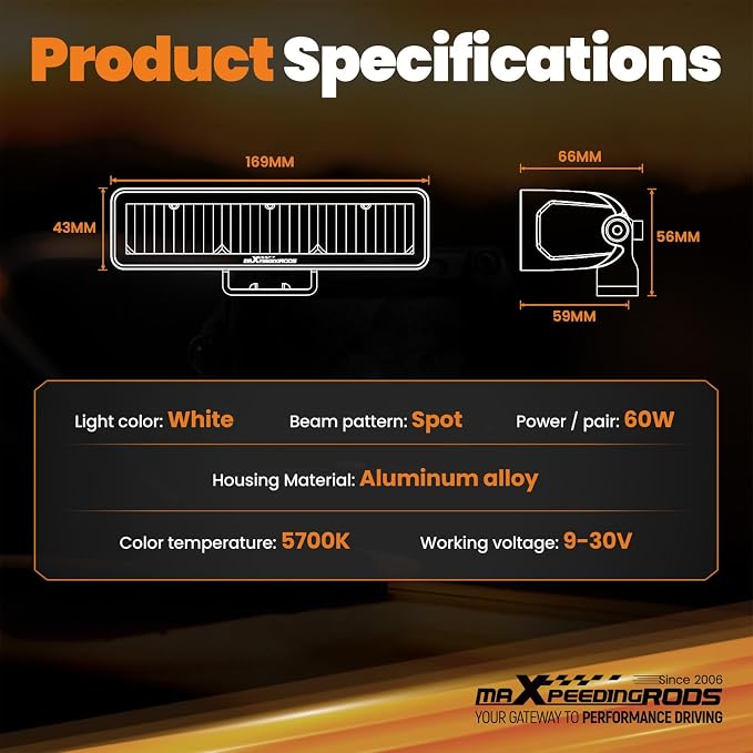 maXpeedingrods 6.7 Inch LED Light Bar, 60W Offroad Lights 6000LM Spot Beam, IP67 Waterproof LED Light Pods with Wiring Harness for Jeep Ford Toyota Trucks SUV ATV UTV Boat Motorcycles Pickup, 2 Pcs