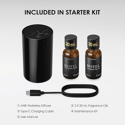 Airversa Waterless Essential Oil Diffuser Starter Kit with 2x20mL Luxury Hotel Fragrance Oils for Home Car Office, Battery Operated Mini Scent Air Machine Portable Diffuser, AN8KIT-B Black
