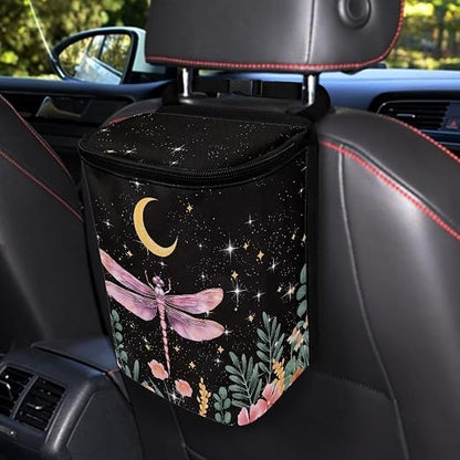 Talayituse Dragonfly Flower Moon Print Car Trash Can with Lid, Leak Proof Auto Trash Bag Hanging Vehicle Garbage Can Multipurpose Storage Container for Back Seat Road Trip