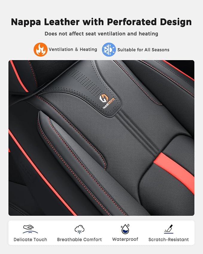 Huidasource Front Seat Covers Luxury Nappa Leather, Car Seat Cover Front Seats with Airbag, Front Storage Pocket, Lumbar Support, Cooling＆Heating, Universal Fit for Most Cars SUV Trucks, Black&Red