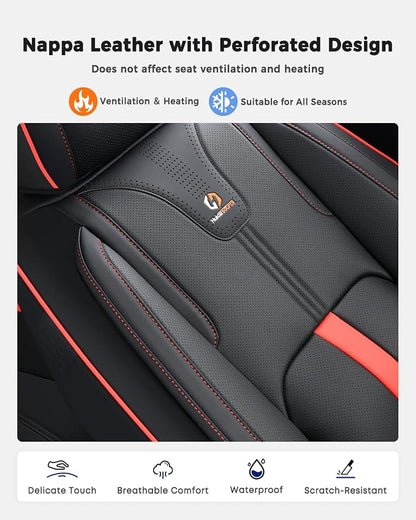 Huidasource Front Seat Covers Luxury Nappa Leather, Car Seat Cover Front Seats with Airbag, Front Storage Pocket, Lumbar Support, Cooling＆Heating, Universal Fit for Most Cars SUV Trucks, Black&Red