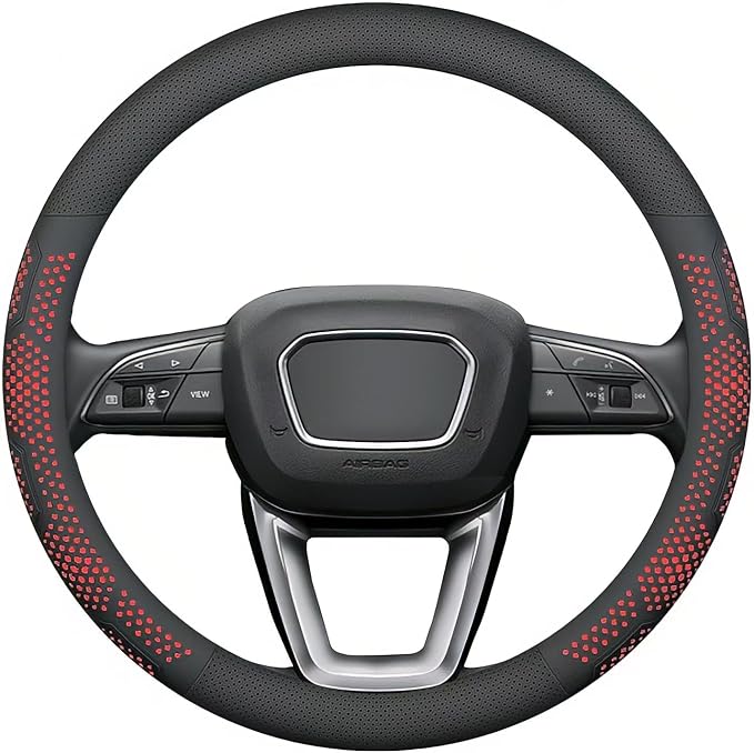 Yangday Leather Steering Wheel Cover for Jeep Wrangler Grand Cherokee Compass, 14.5-15 inches Car Steering Wheel Cover with Non-Slip Breathable (Red)