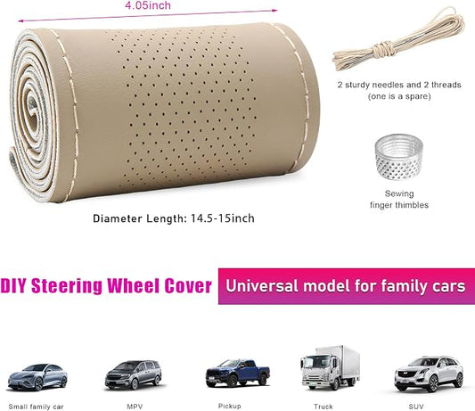 Ziciner Genuine Leather Steering Wheel Cover, Stitch on Wrap, Breathable Anti-Slip Car Steering Wheel Protector for Max Diameter 15 Inch, DIY Sewing with Needles Thread (Beige, Middle Hole)