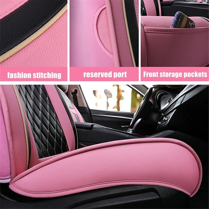 Car Seat Covers Front Seats, Super Luxurious Heavy Universal Duty Waterproof Leather Automotive Vehicle Cover for Cars SUV Pick-up Truck, Non-Slip Seat Pink Car Accessories (2 PCS Front/Black Pink)