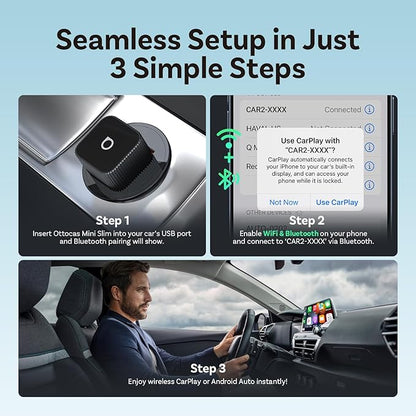 OTTOCAST Mini Slim, 2026 Upgrade 2in1 Wireless CarPlay & Android Auto Adapter, Plug & Play, WLAN Dual-Band 2.4G+5G, Auto Reconnect, Compatible with After 2016 Cars with Wired CarPlay/Android Auto